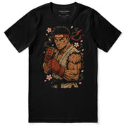 Black t-shirt with a graphic of a muscular character in a fighting pose, wearing red boxing gloves, on a white background.