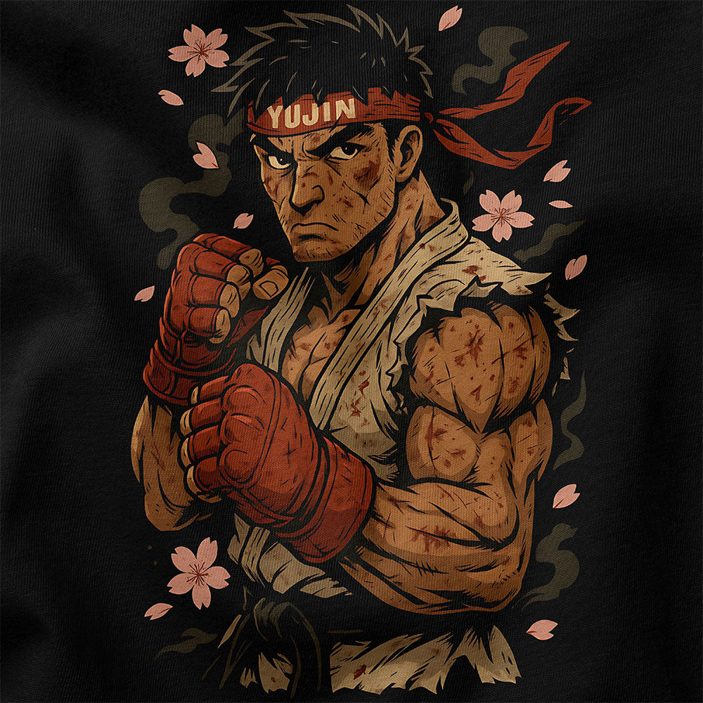Illustration of a muscular character with red headband and gloves on a dark background with cherry blossoms.