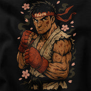 Illustration of a muscular character with red headband and gloves on a dark background with cherry blossoms.