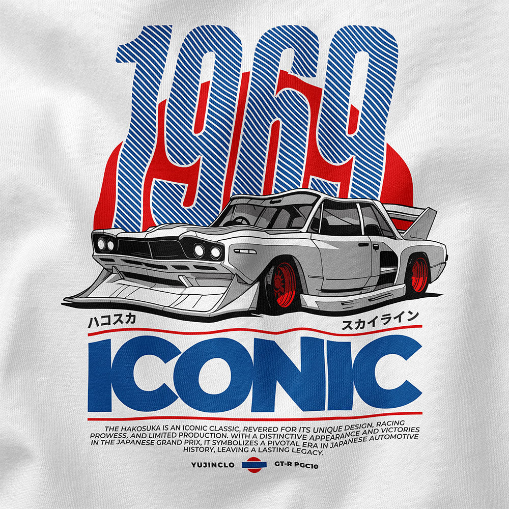T-shirt with a graphic of a car and text on a white background