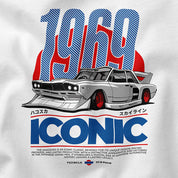 T-shirt with a graphic of a car and text on a white background