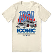 Beige t-shirt with a graphic of a car and text '1969 Iconic' on a white background