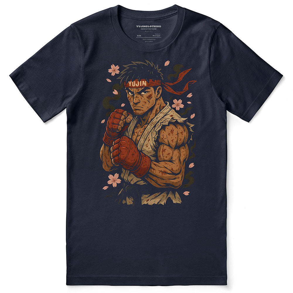 Navy blue t-shirt with a graphic of a muscular character in a fighting pose on a white background
