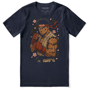 Navy blue t-shirt with a graphic of a muscular character in a fighting pose on a white background
