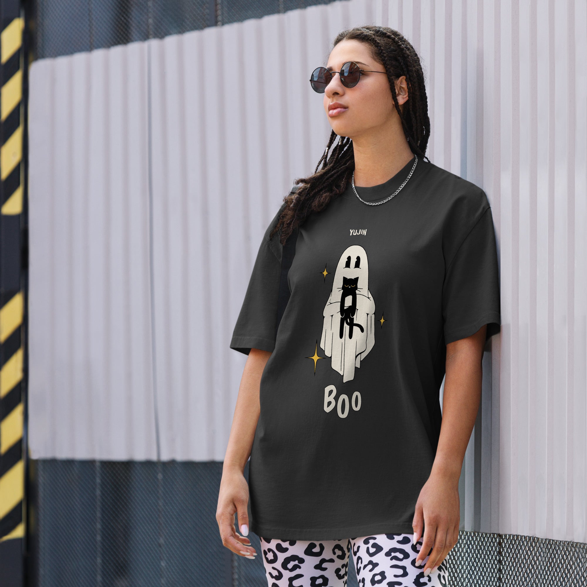 Boo! Cat Oversized Faded T-Shirt | Yūjin Japanese Anime Streetwear Clothing