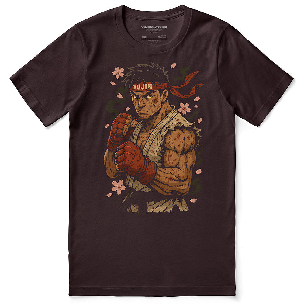 T-shirt with a graphic of a muscular character with a red bandana and boxing gloves on a brown background.