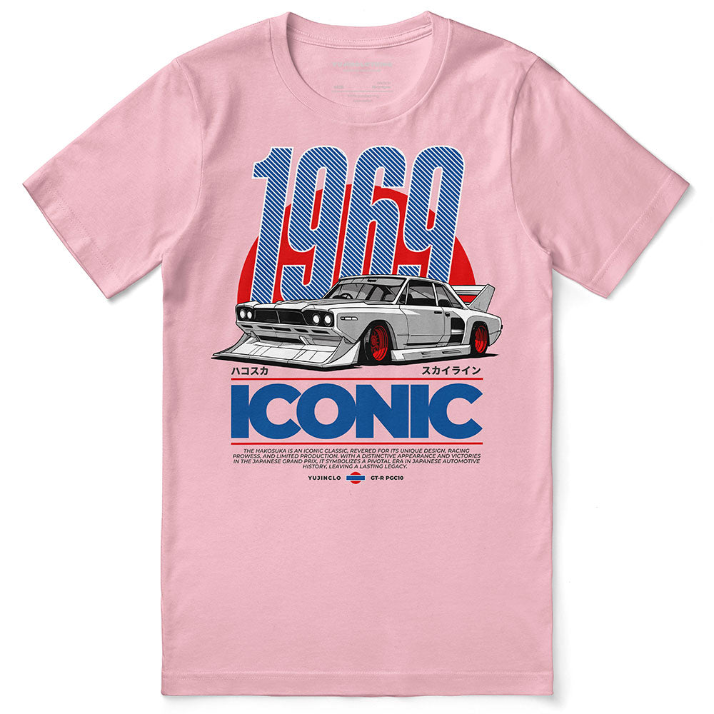Pink t-shirt with a graphic of a car and text on a white background