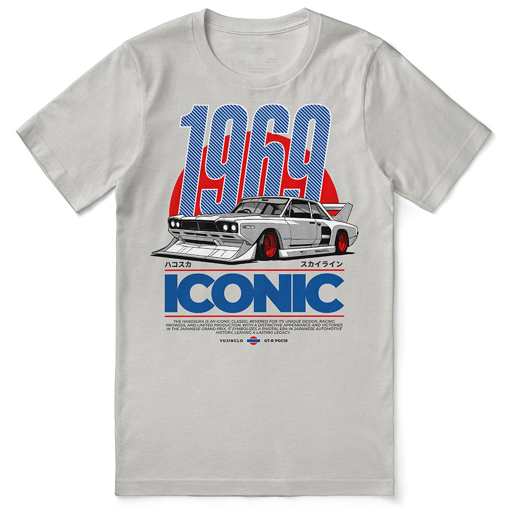 Gray t-shirt with a graphic of a car and text '1969 Iconic' on a white background