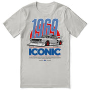 Gray t-shirt with a graphic of a car and text '1969 Iconic' on a white background