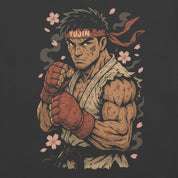 Illustration of a muscular character with a red bandana and boxing gloves on a dark background with cherry blossoms.