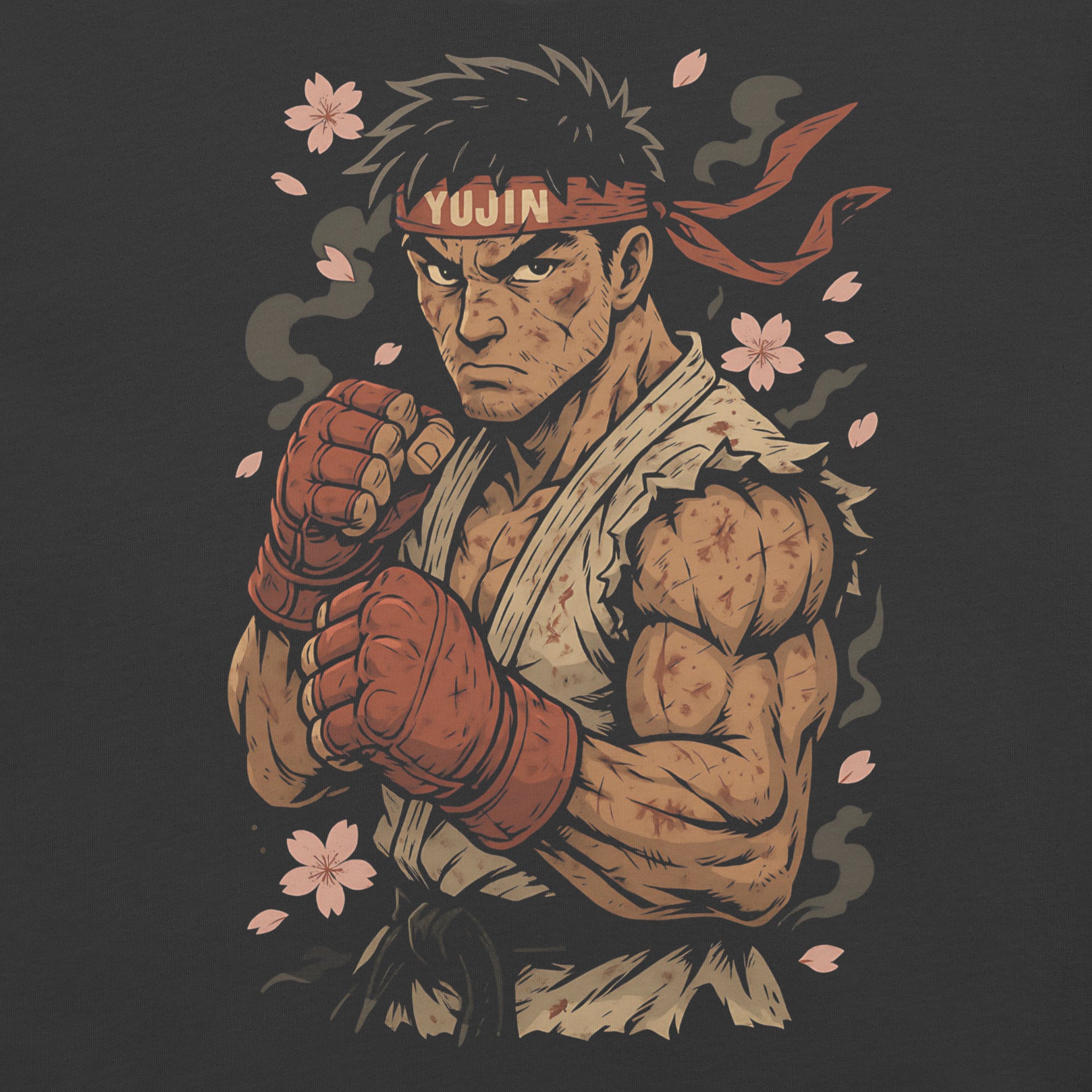 Illustration of a muscular character with a red bandana and boxing gloves on a dark background with cherry blossoms.