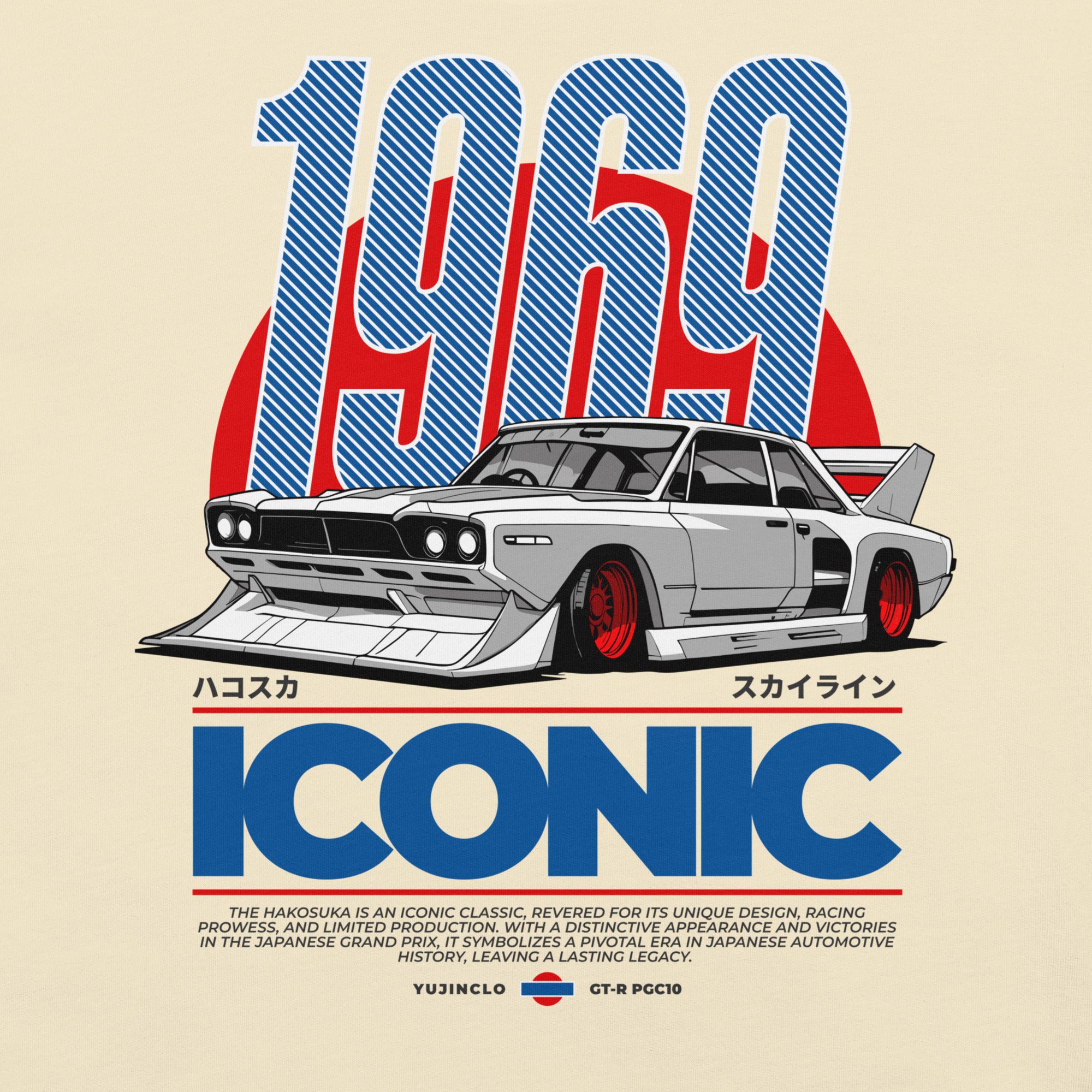 Vintage car illustration with '1969' and 'Iconic' text on a beige background