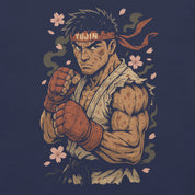 Illustration of a muscular character with a headband on a dark background