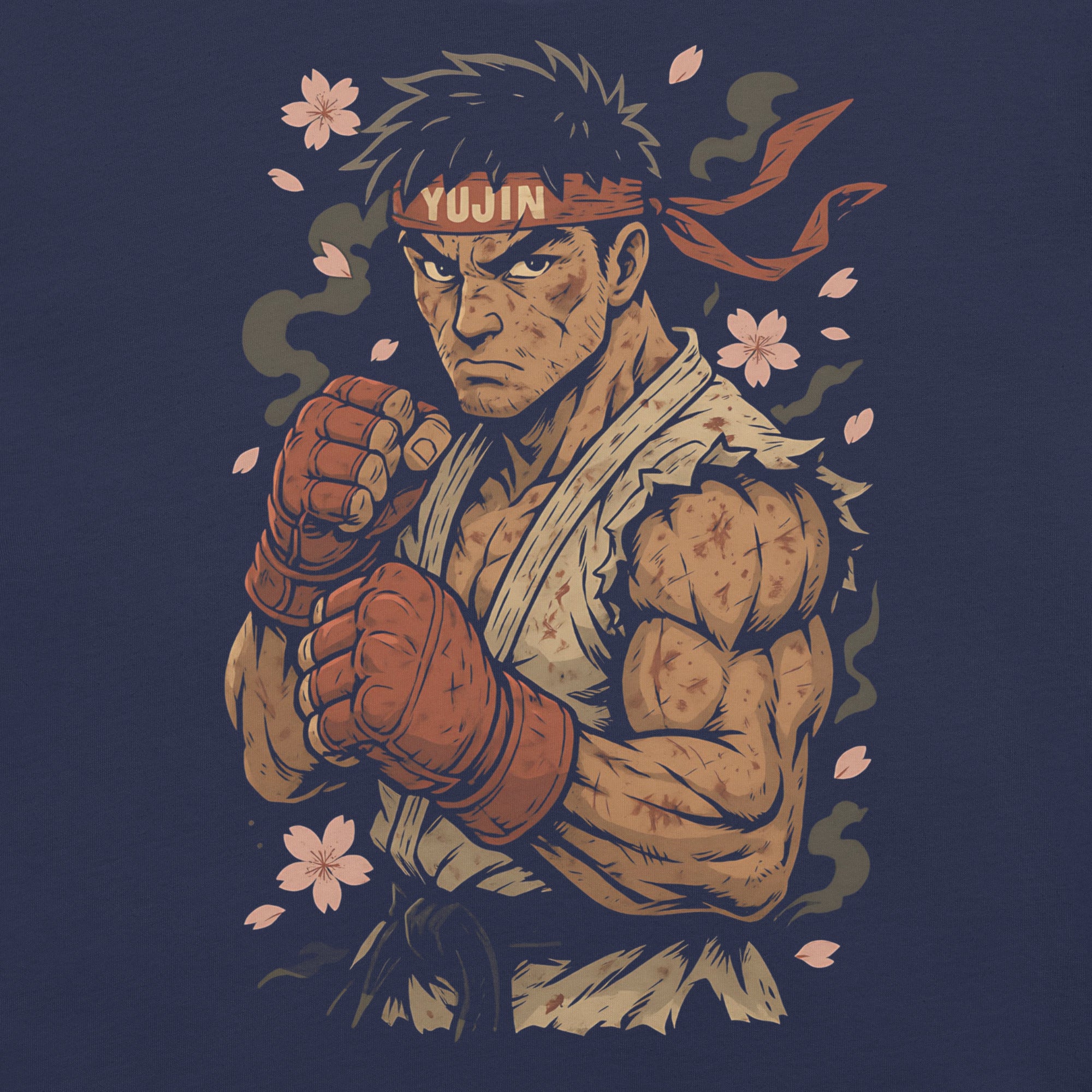 Illustration of a muscular character with a headband on a dark background