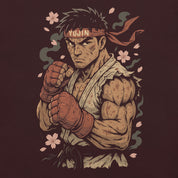 Illustration of a muscular character with a headband and fist raised on a dark background