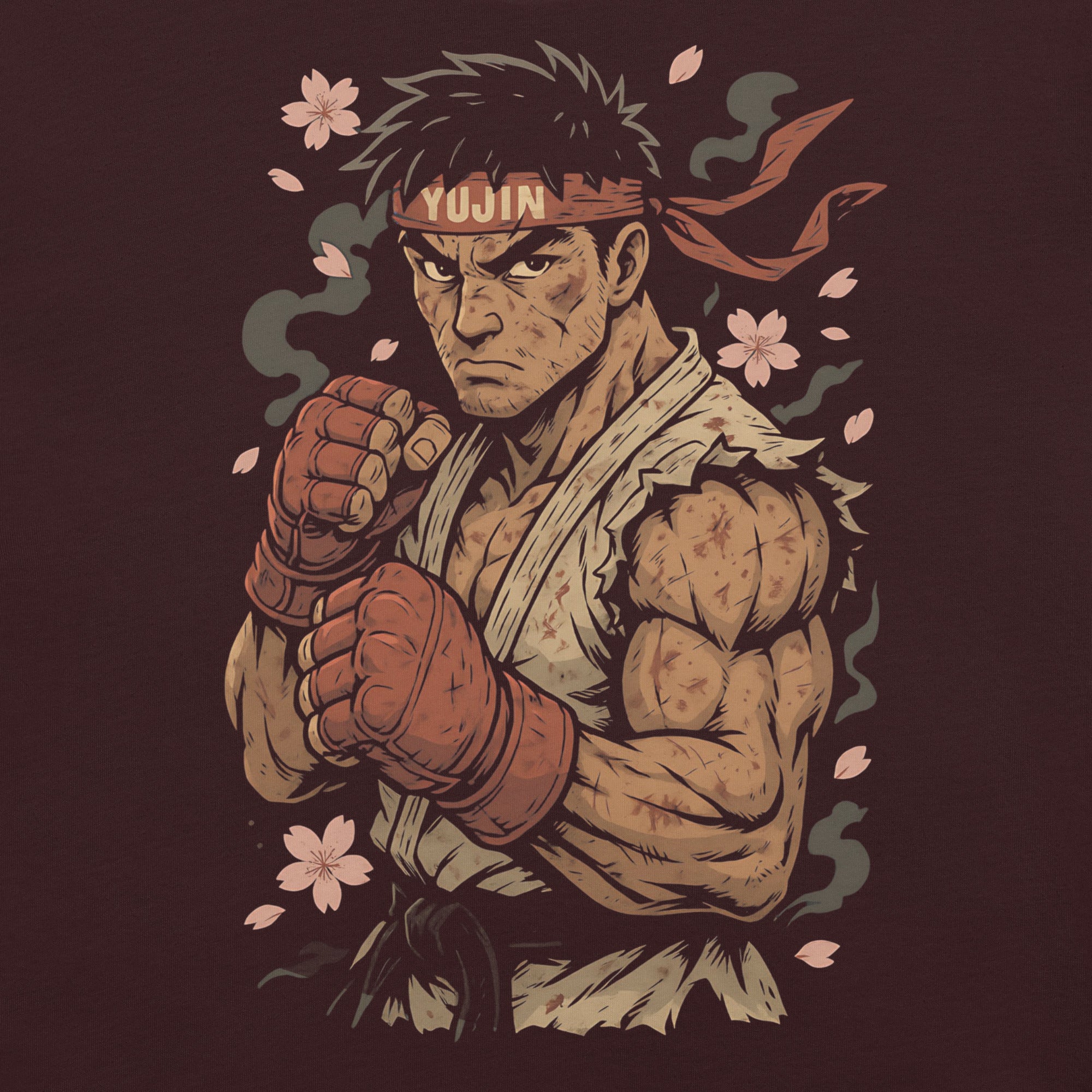 Illustration of a muscular character with a headband and fist raised on a dark background