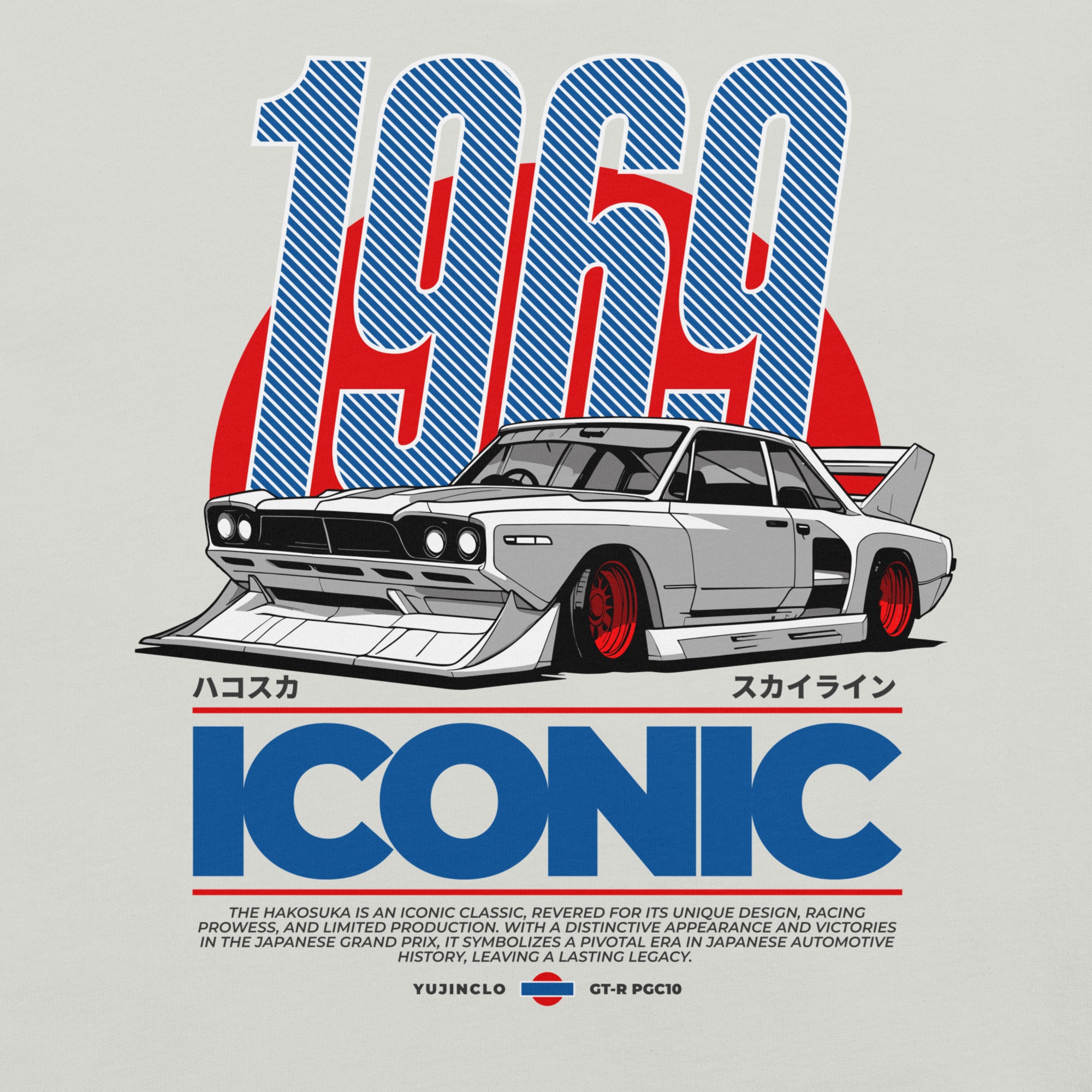 Vintage car illustration with '1969' and 'Iconic' text on a gray background