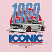 Vintage car illustration with '1969' and 'Iconic' text on a pink background