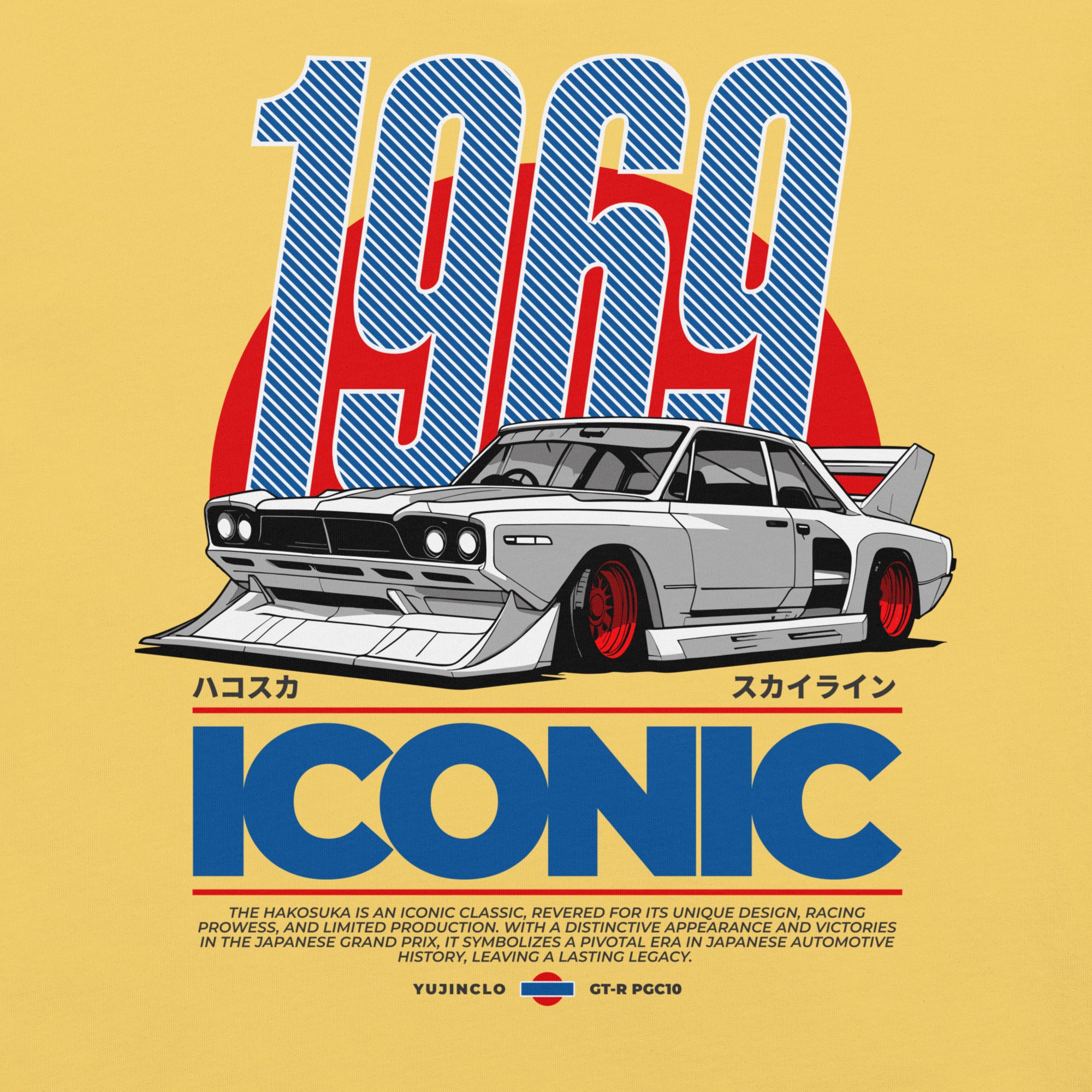 T-shirt with a graphic of a car and text on a white background