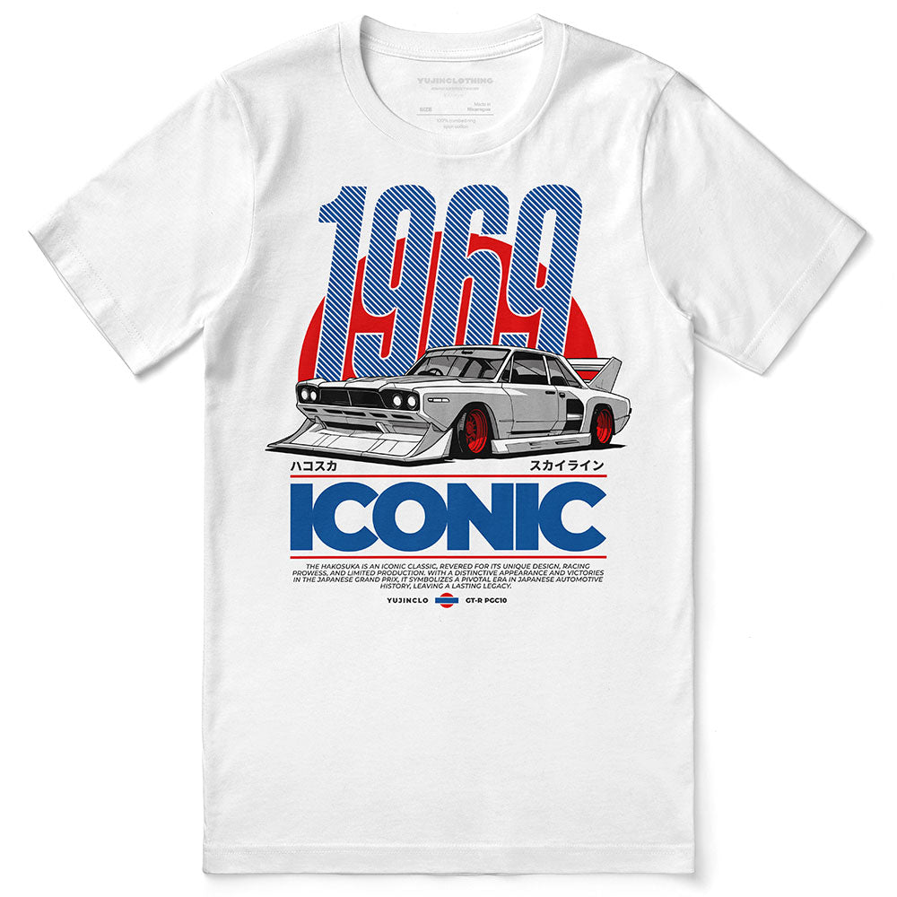 White t-shirt with a graphic of a car and text on a white background