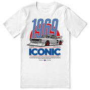White t-shirt with a graphic of a car and text on a white background
