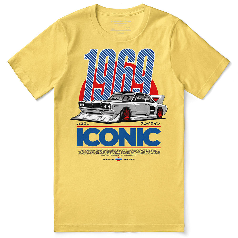 Yellow t-shirt with a graphic of a car and text on a white background