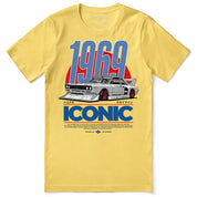 Yellow t-shirt with a graphic of a car and text on a white background