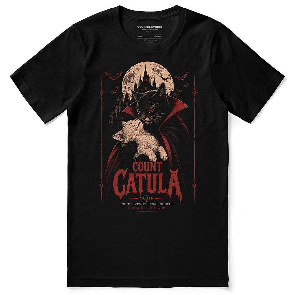 Count Catula Cat T-Shirt in Black, front flat lay