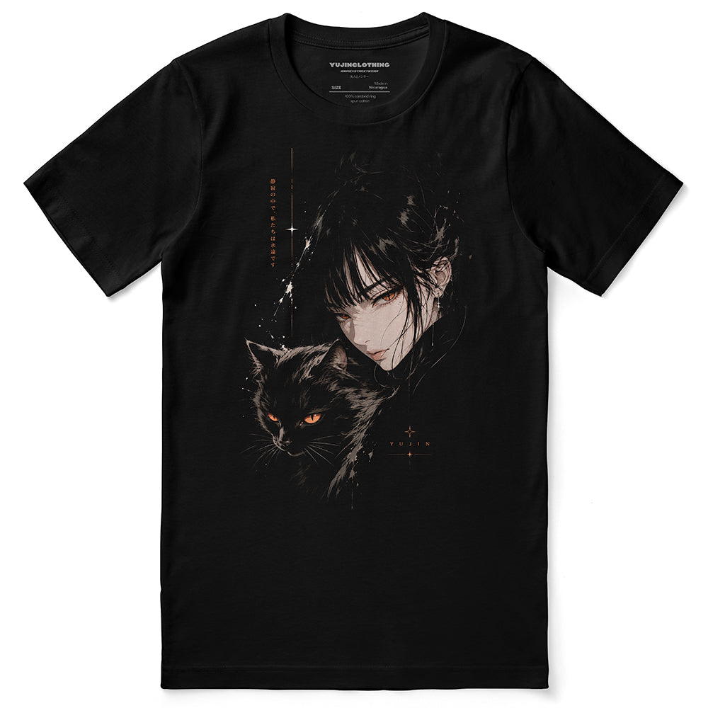 Eternal Silence Cat T-Shirt in Black, front flat lay