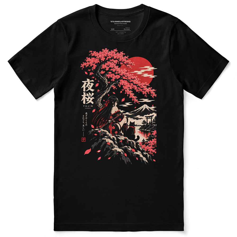 Night Blossom Cat T-Shirt in Black — front view