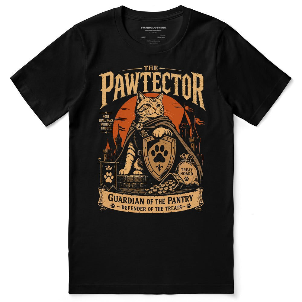 The Pawtector Cat T-Shirt in black, front flat lay