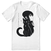 Selective Company Cat T-Shirt in White, front flat lay with black cat and manga-style portrait