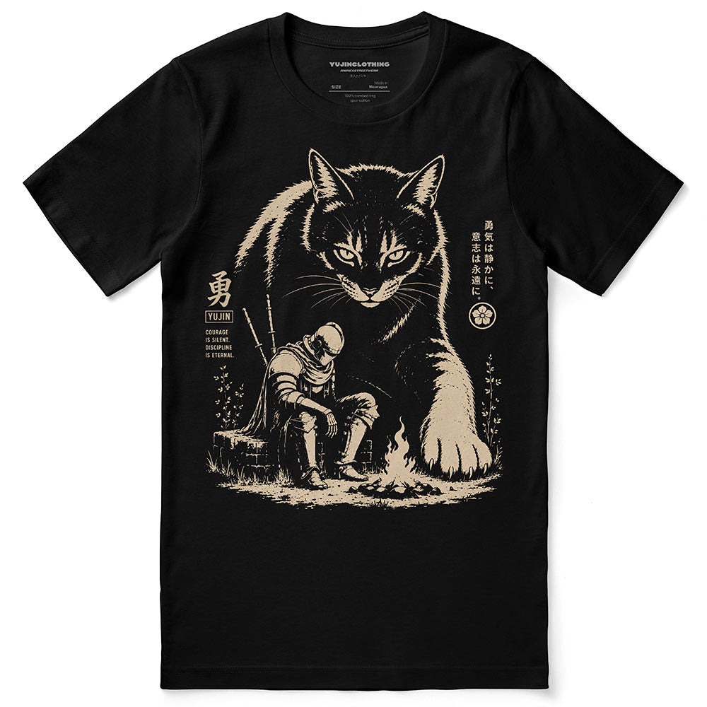 Silent Courage Cat T-Shirt in Black, front flat lay with giant cat, resting warrior and campfire artwork