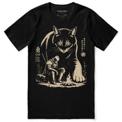 Silent Courage Cat T-Shirt in Black, front flat lay with giant cat, resting warrior and campfire artwork