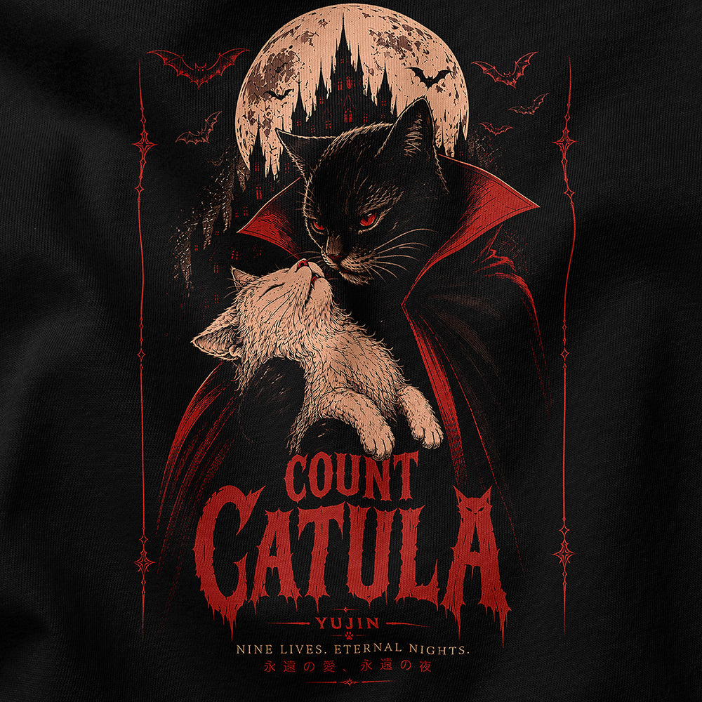 Count Catula Cat T-Shirt in Black, close-up of front artwork