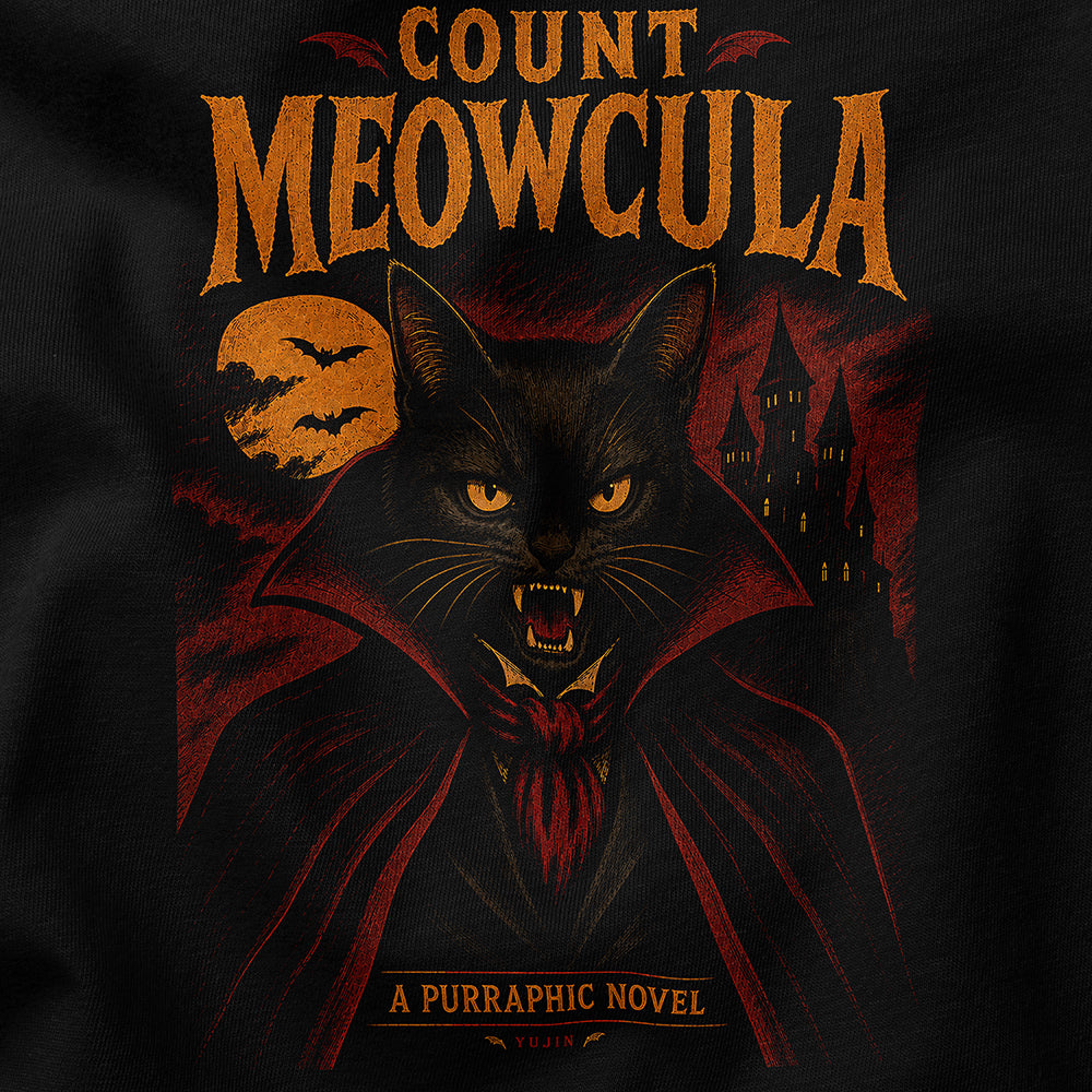 Count Meowcula Cat T-Shirt - Black print closeup