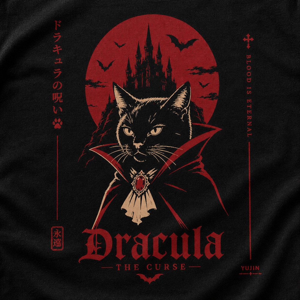 Close-up of the Dracula The Curse Cat T-Shirt artwork on black fabric
