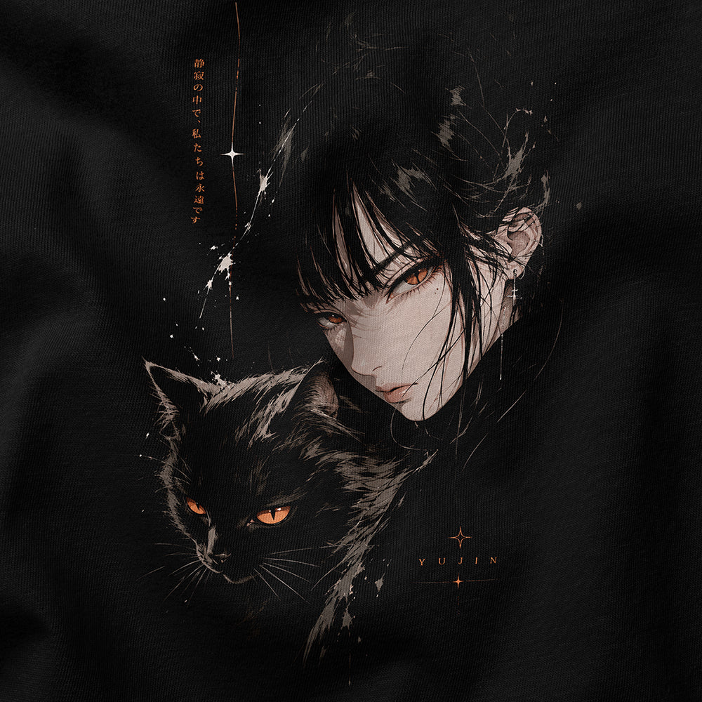 Eternal Silence Cat T-Shirt in Black, close-up of front artwork