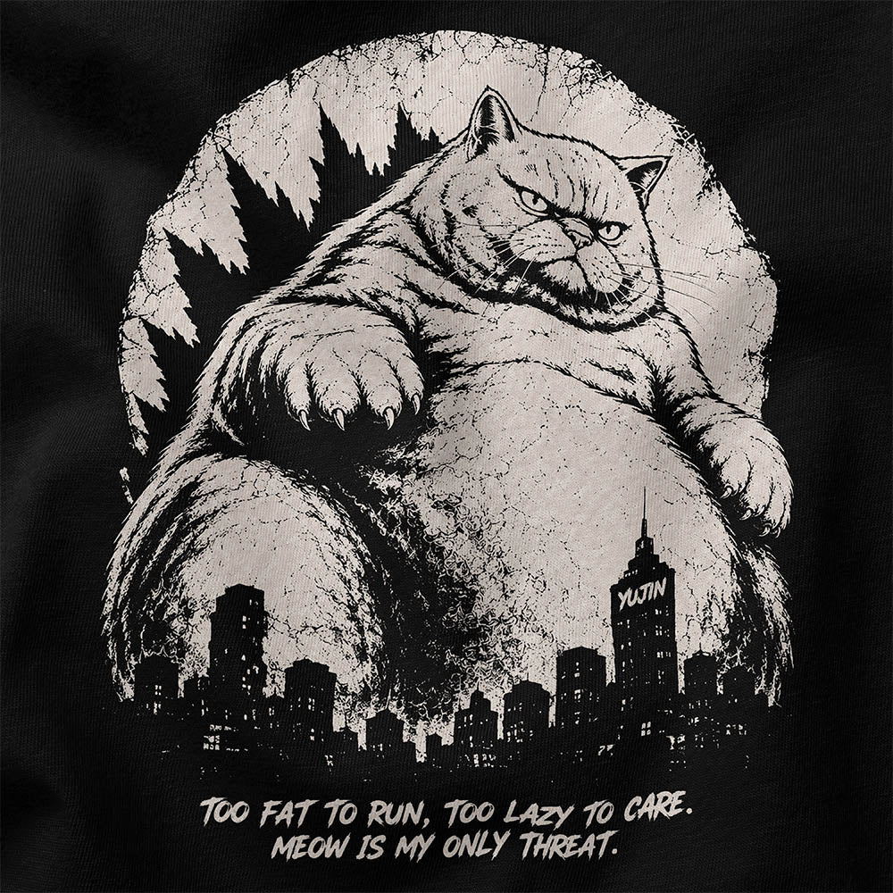 Close-up of Lazy Colossus giant cat artwork, city skyline and slogan on Black