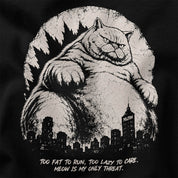 Close-up of Lazy Colossus giant cat artwork, city skyline and slogan on Black
