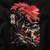 Close-up of Night Blossom Cat T-Shirt artwork on Black