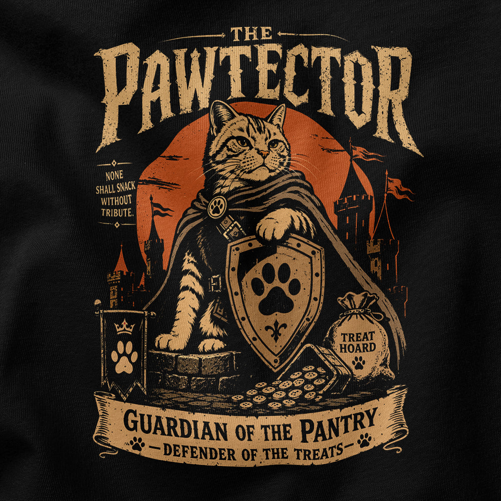 Close-up of The Pawtector cat graphic on a black T-shirt
