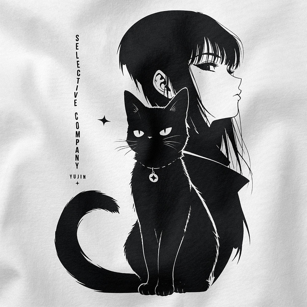 Selective Company Cat T-Shirt in White, close-up of black cat, portrait and Selective Company lettering