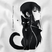 Selective Company Cat T-Shirt in White, close-up of black cat, portrait and Selective Company lettering