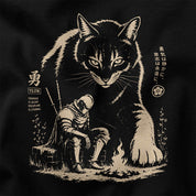 Silent Courage Cat T-Shirt in Black, close-up of giant cat, warrior, English and Japanese lettering