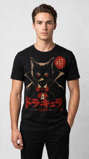 Male model wearing the Count Catcula Vampire Cat T-Shirt in Black