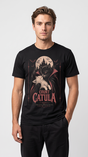Male model wearing the Count Catula Cat T-Shirt in Black