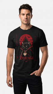 Male model wearing the Dracula The Curse Cat T-Shirt in Black