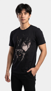 Male model wearing the Eternal Silence Cat T-Shirt in Black