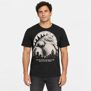 Male model wearing the Black Lazy Colossus Cat T-Shirt, front view